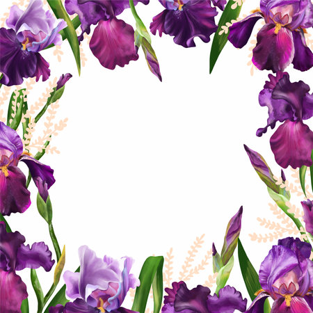 Botanical frame with iris flowers on a white background. watercolor illustration. Floral design for natural cosmetics, perfumes, women's products. Greeting card, wedding invitation, summer background.の写真素材