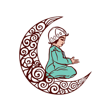 Religious muslim boy reading Namaz on moon decorated background for islamic holy month of prayers ramadan kareem. Namaz, muslim prayer. Ramadan vector illustration. For greeting cards, holiday banners, decorative elements, invitations.のイラスト素材