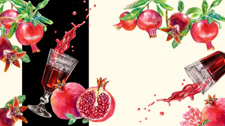 Juice label template with watercolor illustration elements of pomegranate fruit, pomegranate branch, juice in glass and juice splash. Botanical red pomegranate with seeds.の写真素材