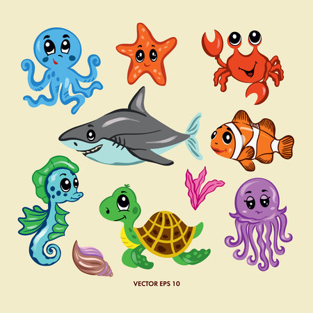 Vector set of sea animals. Octopus, crab, shark, jellyfish, starfish, seahorse, turtle, fish. Covers, greeting cards, banners, wall decor.のイラスト素材