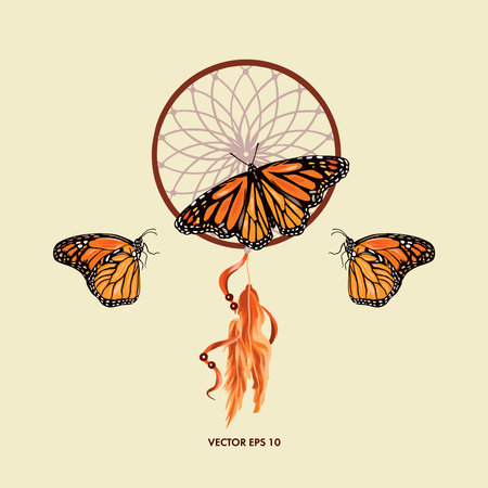 Dream catcher, feathers, monarch butterflies. Vector illustration. Design element for covers, greeting cards, summer banners, wedding invitations.のイラスト素材