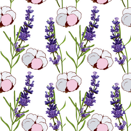 Cotton flowers and lavender. Vector seamless pattern on a white background. Design element for wrapping paper, covers, textiles, bags, cosmetic products.のイラスト素材