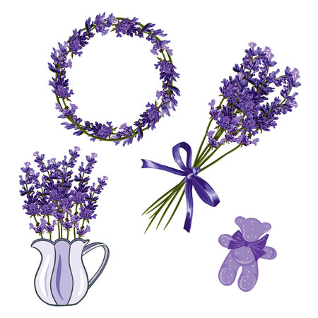 Lavender flowers, scented bear, vase with bouquet, wreath. Vector illustration of lavender isolated on white background. Wedding invitations, greeting cards, labels and cosmetic product covers.のイラスト素材
