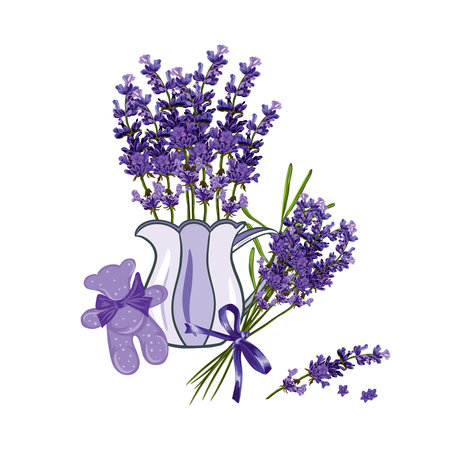 Lavender flowers, scented bear, vase with lavender bouquet. Vector illustration of lavender isolated on white background. Wedding invitations, greeting cards, labels and cosmetic product covers.のイラスト素材
