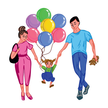 Mom, dad and daughter on the background of balloons. Vector illustration of a happy family. Family day. Greeting cards, holiday banners, family themesのイラスト素材