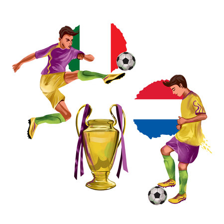 Two football players with the ball and the champions cup on the background of the flags. Vector illustration. Sports banners, flyers, invitations.のイラスト素材