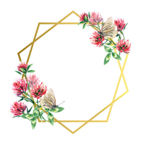 Golden geometric frame of clover flowers and butterflies. Wtercolor illustration isolated on white background. Greeting cards, wedding invitations.の写真素材