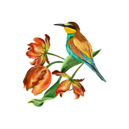Red tulip flowers and a bee-eater. Flowers illustration isolated on white background. Greeting cards, wedding invitations, covers, postage stamps.の写真素材