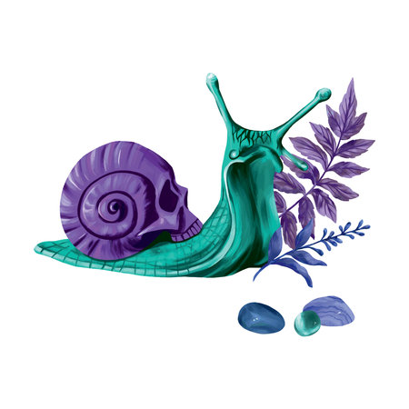 Snail, skull, stones and leaves. Vector illustration for esoteric and halloween. Composition for greeting cards, holiday banners, flyers, covers.のイラスト素材