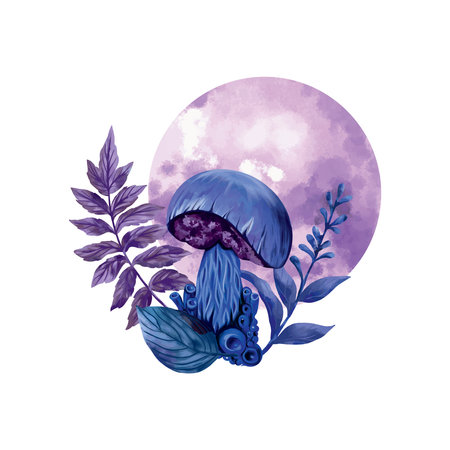 Mushroom and leaves on the background of the moon. Vector illustration on the theme of esotericism and halloween. Greeting cards, invitations, covers.のイラスト素材
