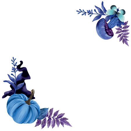 Pumpkin, witch hat, mushroom, leaves. Decorations for corners. Vector elements for esoteric and halloween. Greeting cards, banners, flyers, covers.のイラスト素材