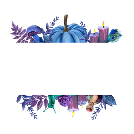 Template for inserting text with pumpkin, candles, mushrooms. Halloween illustration isolated on white background. Greeting cards, invitations, coversの写真素材