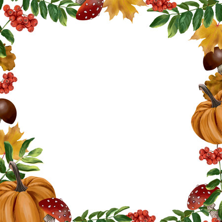 Autumn square frame. Vector illustration with pumpkin, mushrooms, leaves, rowan. Design element for greeting cards, invitations, autumn banners.のイラスト素材