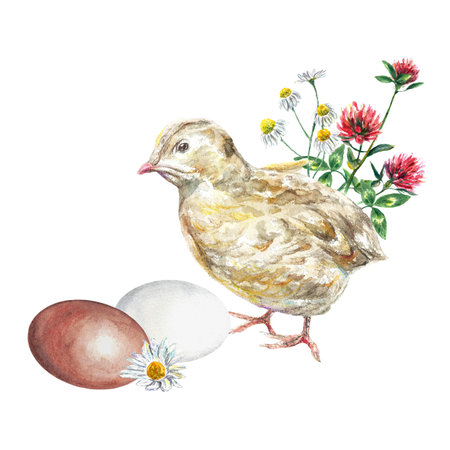 Chicken, eggs, meadow flowers. Watercolor illustration on Easter theme isolated on white background. Greeting cards, invitations, covers.の写真素材