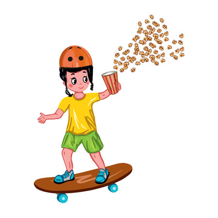 A boy on a skateboard with a bucket of popcorn in his hands. Vector illustration. Greeting cards, invitations, posters, banners, book illustrations.のイラスト素材