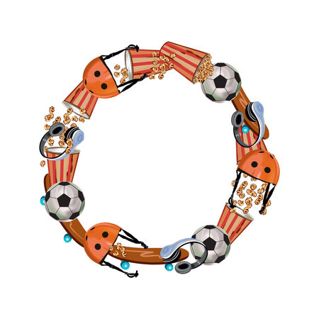 Popcorn, bicycle helmet, soccer ball, headphones. Circular object wreath. Vector illustration. Greeting cards, invitations, banners, flyers, posters.のイラスト素材