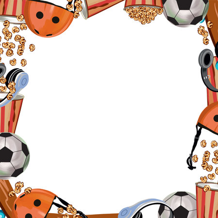 Helmet, popcorn, headphones, ball. Square frame. Template for inserting text. Vector illustration. Greeting cards, invitations, banners, posters.のイラスト素材