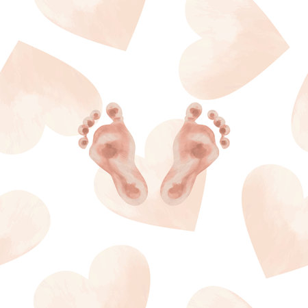 Prints of children's feet on a background of pink hearts. Vector illustration in watercolor style. Design element for greeting cards, invitations, newborn baby shower, gender party, girl or boy.のイラスト素材