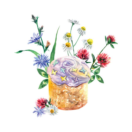 Easter cake and meadow flowers. Vector illustration in watercolor style. Design element for greeting cards, invitations, holiday banners, covers.のイラスト素材