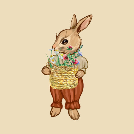 Cute rabbit with a basket of flowers in his hands. Vector illustration. Design element for greeting cards, invitations, covers, banners, flyers.のイラスト素材