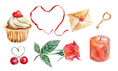 Cake, ribbon, key, rose, cherry, candle. Watercolor illustration isolated on white background. Valentines Day greeting cards, wedding invitations.の写真素材