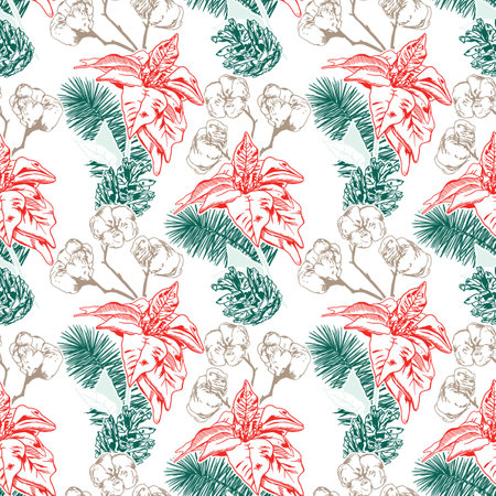 Poinsettia, cotton, pine branch. Seamless pattern. Vector. Decor for winter sales, New Year cards, wrapping paper, textiles, invitations, flyers, banners, covers.のイラスト素材