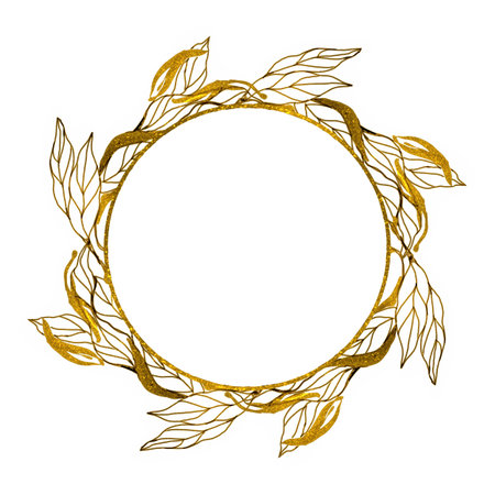 Golden frame with leaves, round, wreath, template. Graphic illustration isolated on white background. Design element for birthday cards, wedding invitations, labels, banners.の写真素材