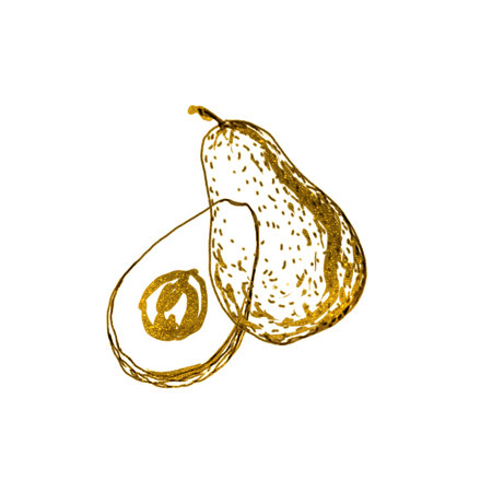 Avocado graphics, gold. Gold ink illustration isolated on white background. Design element for cards, invitations, labels, covers, posters.の写真素材
