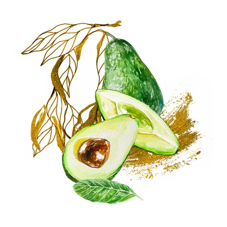 Avocado watercolor fruit, gold graphics leaves. Illustration isolated on white background. Design element for birthday cards, wedding invitations, labels, covers, cosmetics.の写真素材