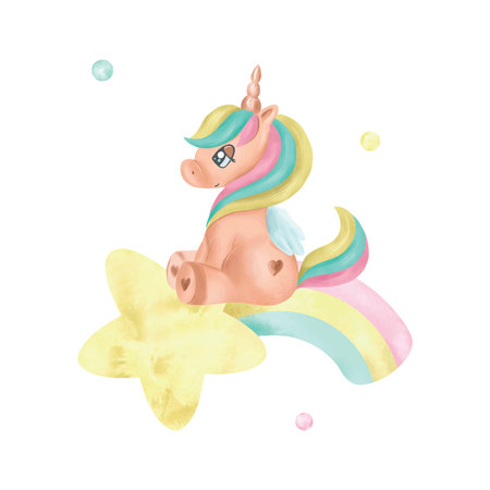 Cute unicorn sitting on a rainbow, watercolor. Hand drawn vector illustration in pastel colors for cards, invitations, websites, album covers. Set of elements for fantasy unicorns.のイラスト素材