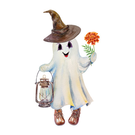 Halloween ghost, wearing a white sheet, a hat, a lantern and a flower. Hand drawn watercolor illustration isolated on white background. For cards, invitations, labels, banners, flyの写真素材