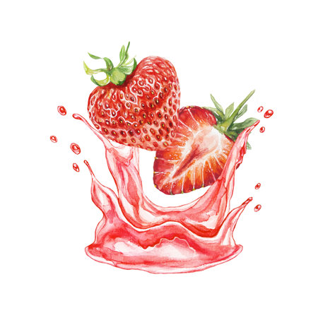 Strawberries, whole and half, splashes of juice. Watercolor illustration isolated on white background. Cards, labels, packaging, cosmetic products.の写真素材