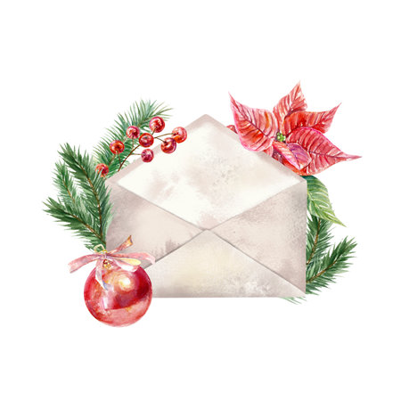 Christmas envelope, fir branches, poinsettia, red ball, berries. Hand drawn watercolor illustration isolated on white. For cards, invitations, banners, posters.の写真素材