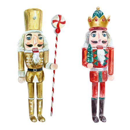 Nutcrackers set, gold and red. Watercolor illustration isolated on white background. New Year greeting cards, invitations, banners, posters, flyers.の写真素材