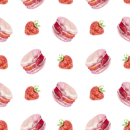 Macaron and strawberries seamless pattern. Hand drawn watercolor illustration isolated on white background. For wrapping paper, textiles, fabric, covers, scrapbooking.の写真素材