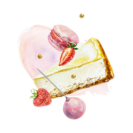 Cheesecake, macaron, strawberries. Hand drawn watercolor illustration isolated on white background. For birthday cards, invitations, cafe menus, banners, posters.の写真素材