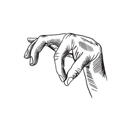 Human hand, fingers holding, squeezing. Hand drawn vector illustration in graphic style. For banners, posters, cards, labels, leaflets.のイラスト素材