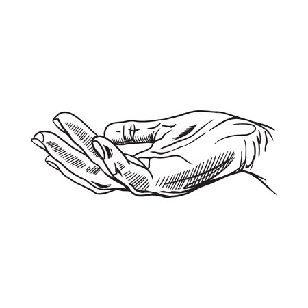 Human hand. The gesture of receiving or giving something. Fingers. Vector illustration. Graphic. Banners, posters, labels, leaflets, information signsのイラスト素材