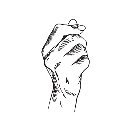 Human hand. Gesture of money or pinch, fingers holding something. Vector illustration in graphic style. Banners, posters, leaflets, information signs.のイラスト素材