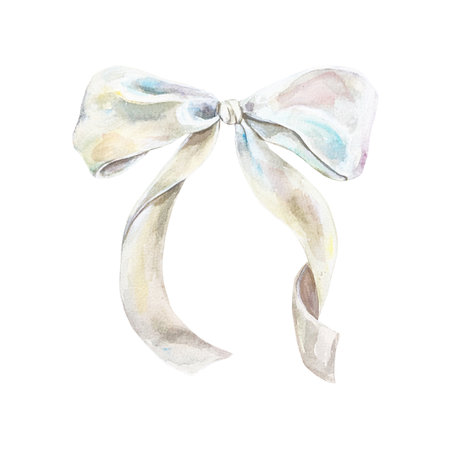 Bow, white silk, for decorating gifts, bouquets of flowers. Hand drawn watercolor illustration isolated on white background. For birthday cards, banners, posters, labels, covers.の写真素材