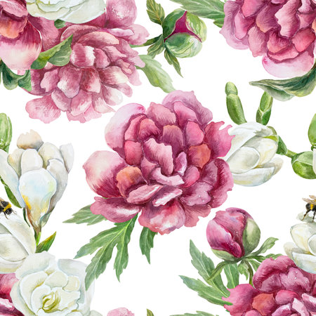 Peonies and white freesia flowers. Seamless floral pattern. Hand drawn watercolor illustration isolated on white. For textile, wrapping paper, fabric, covers, wallpaper.の写真素材