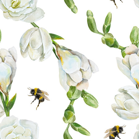 Branches of white freesia flowers and bumblebee. Seamless floral pattern. Watercolor illustration isolated. Wrapping paper, wallpaper, covers, fabric.の写真素材