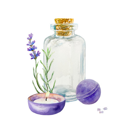 Lavender SPA, flower, bottle, candle, bath bomb. Watercolor illustration isolated on white. Cards, gift certificates and invitations to salons, labels for cosmetic products, posters, banners.の写真素材