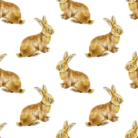 Cute brown rabbits. Seamless pattern with farm animal. Hand drawn watercolor illustration isolated on white. For textile, wrapping paper, fabric, covers, wallpaper.の写真素材