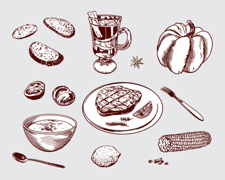Pumpkin, corn, mulled wine, soup, meat steak, lemon, toast, spoon. Autumn food set. Vector graphic illustration. Restaurant menus, cafes, banners.のイラスト素材