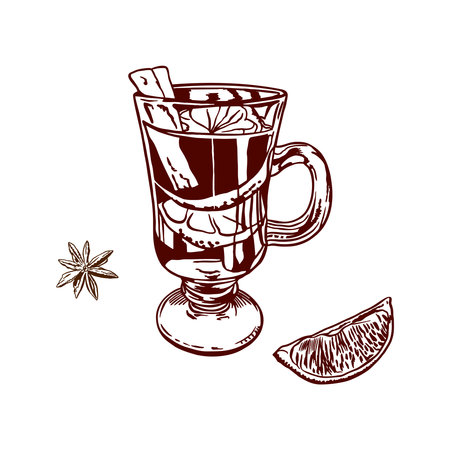 Mulled wine with cinnamon, lemon wedge, star anise. Vector illustration in graphic style. For Christmas invitations, cards, posters, banners, labels.のイラスト素材
