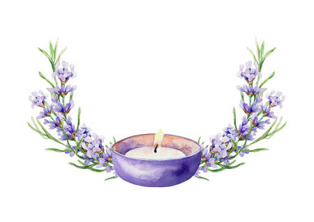 Lavender branches and candle. Hand drawn watercolor illustration isolated on white. Birthday cards, invitations, summer banners, spa posters, labels.の写真素材