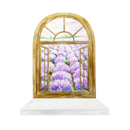 Window with lavender field view, window sill. Hand drawn watercolor illustration isolated. Cosmetic labels, postcards, spa certificates, invitations.の写真素材