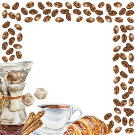 Square frame with brown coffee grains, cup, croissant, filter funnel, sugar pieces, cinnamon. Hand drawn watercolor illustration isolated. For labels, cards, invitations, packagingの写真素材