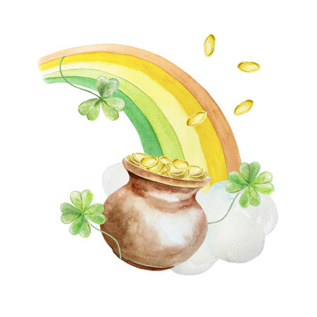 Clay pot with gold coins, rainbow, cloud, clover leaves. Hand drawn watercolor illustration isolated on white. For St. Patricks Day cards, invitations, banners, posters.の写真素材